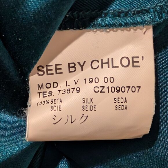 See by Chloe Silk Midi Dress Green Teal Holiday Party NYE Festive Glam - Size 8 - Picture 7 of 7